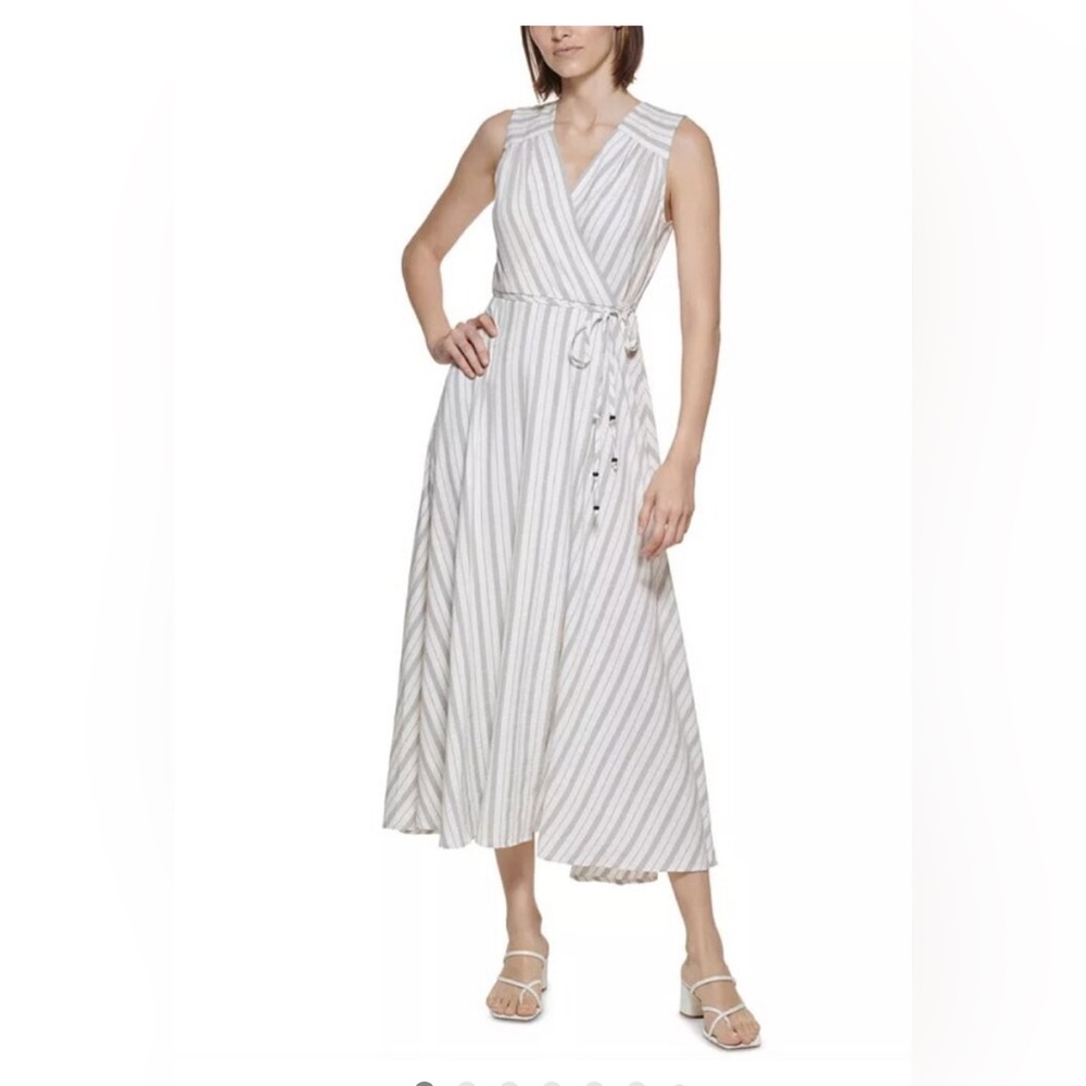 Calvin Klein Striped Wrap Dress - White and Gray